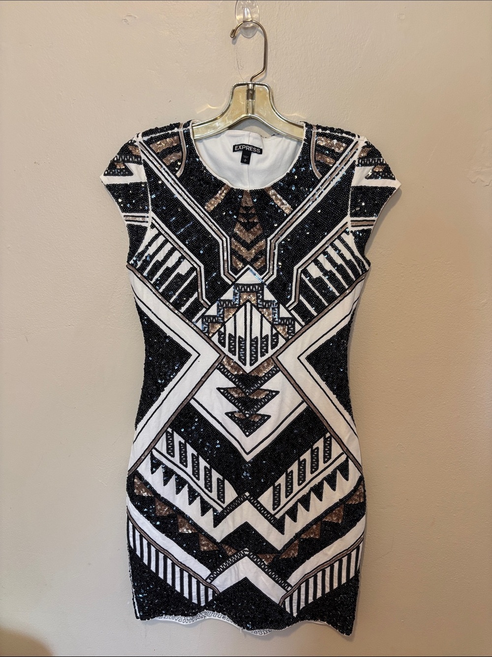 Express Black, White & Gold Sequin Geometric Mini Dress